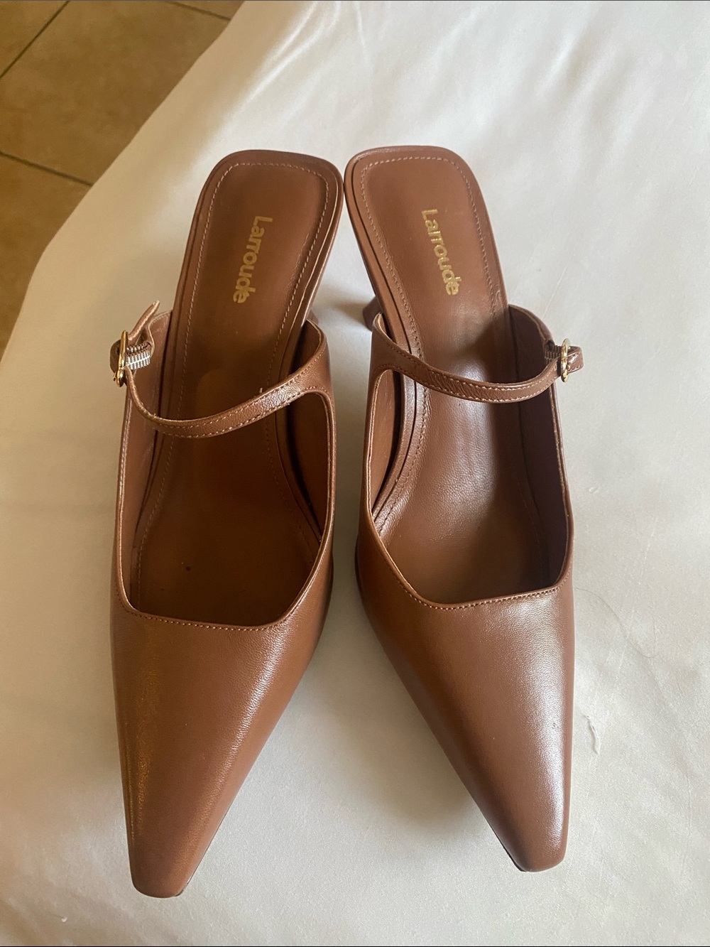Larroude Tan Pointed-Toe Mary Jane Mule